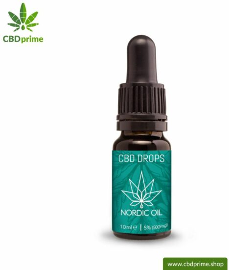 CBD drops (former CBD hemp oil) from cannabis plant with 5% CBD content. Without THC. Organic and vegan produced by Nordic Oil.