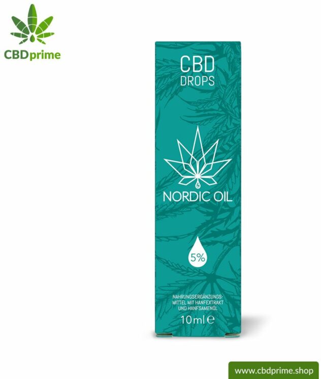 CBD drops (former CBD hemp oil) from cannabis plant with 5% CBD content. Without THC. Organic and vegan produced by Nordic Oil.