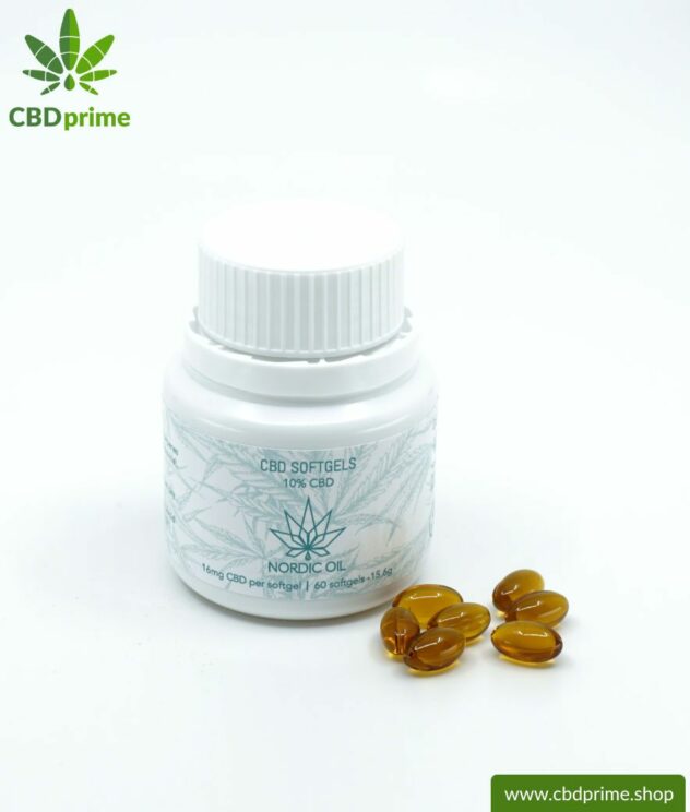 CBD SOFTGEL CAPSULES of cannabis plant with 10% CBD content. Without THC. Biologically produced by Nordic Oil.