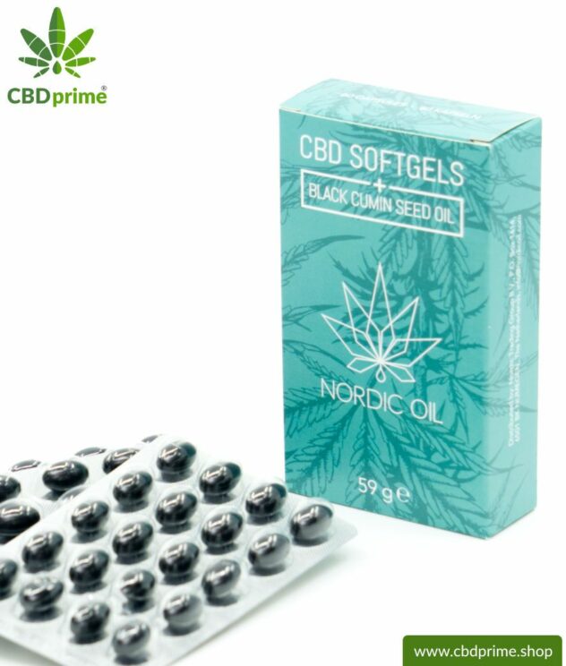 CBD Softgel capsules with black cumin seedoil. Contains 384 mg cannabidiol of the hemp plant (cannabis). 100 % organically produced. 60 capsules.